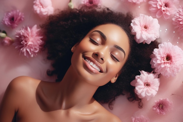 Foto terapia de spa para mulheres, relaxamento, prazer, autocuidado, conceito. jovem, bela, feliz, nua, mulher afro-americana, com os olhos fechados, deitada num banho aromático com flores, vista de cima.