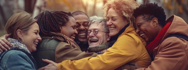 Foto terapia de grupo y apoyo varios hombres y mujeres de mediana edad se abrazan apoyándose mutuamente durante la terapia psicológica