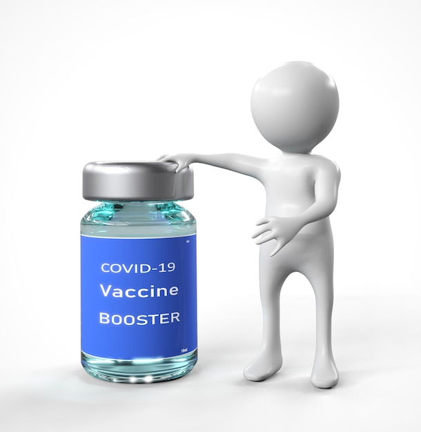 Terceira dose de reforço da vacina Covid-19, pequeno homem-biscoito perto da vacina, fundo branco. Ilustração 3D