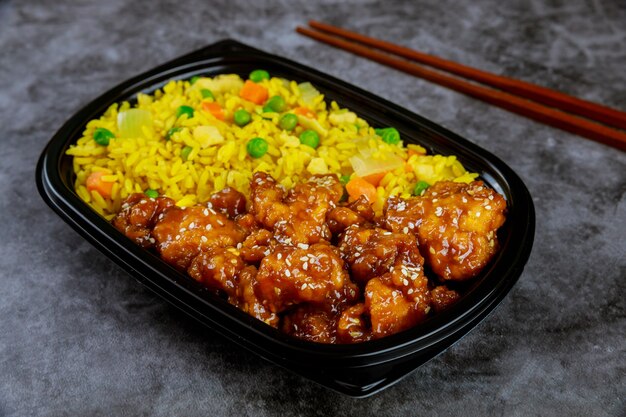 Teriyaki-Huhn mit Reis und Gemüse im Plastiknahrungsmittelbehälter. Japanische Küche.