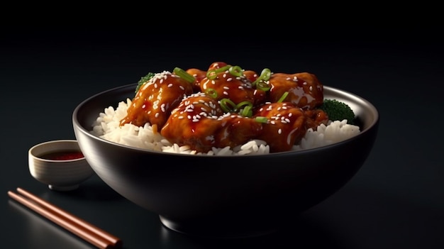 Teriyaki-Huhn mit Reis und Sesamsamen auf dunklem Hintergrundgenerative KI