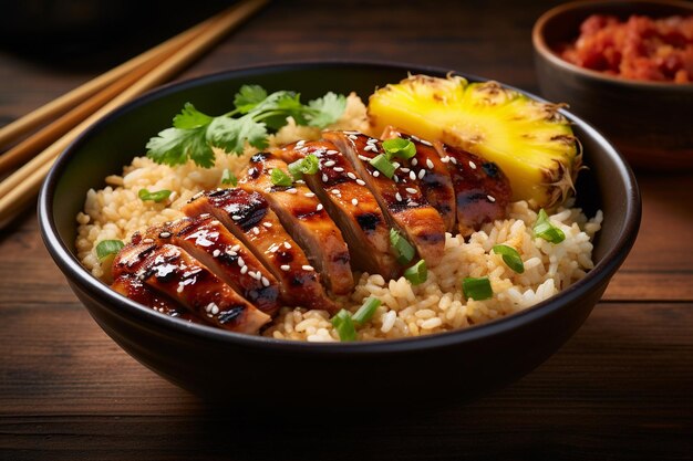 Teriyaki pollo y arroz de piña en el cuenco