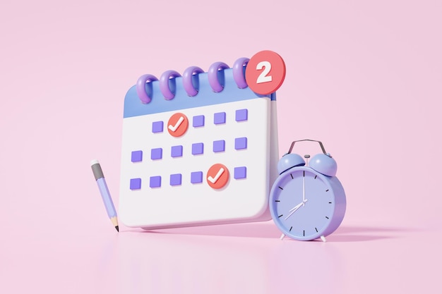 Termin Agenda Kalender Symbol Symbol und Wecker minimal Cartoon minimal Stil Design korrekte Markierung Tag Monat Jahr Zeit Konzept auf rosa Hintergrund Website Banner 3D-Rendering