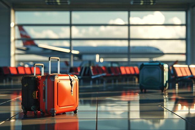 Terminal del aeropuerto con equipaje y avión en el fondo Ai Generado