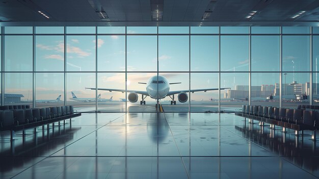 Foto una terminal de aeropuerto vacía bañada en el suave resplandor del amanecer con un majestuoso avión