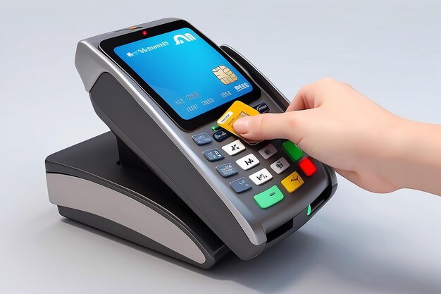 Terminal bancário com uma mão de desenho animado e um cartão de plástico para pagar serviços e compras conceito de pagamento sem dinheiro renderização 3d