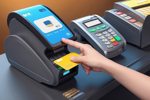 Terminal bancario para pagar compras con una mano de dibujos animados y una tarjeta de crédito concepto de pago sin efectivo renderización 3d
