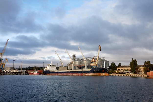 Terminal de cereales en el puerto marítimo Carga de cultivos de cereales en un buque desde ascensores en el muelle