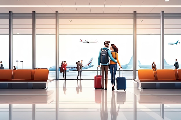terminal de aeroporto com bagagem e pessoas ilustração vetorialterminal de aeroporto com bagagem e pessoas