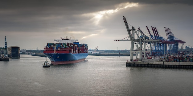 Terminal de contentores no porto de Hamburgo com grandes navios porta-contentores e rebocadores