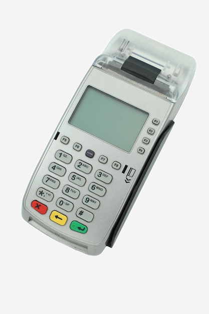 Terminal de pagamento moderno em fundo branco vista superior leitor de cartão de crédito máquina POS