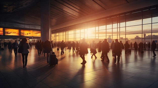 terminal de partida ao pôr-do-sol multidão de pessoas movimento desfocado longa exposição