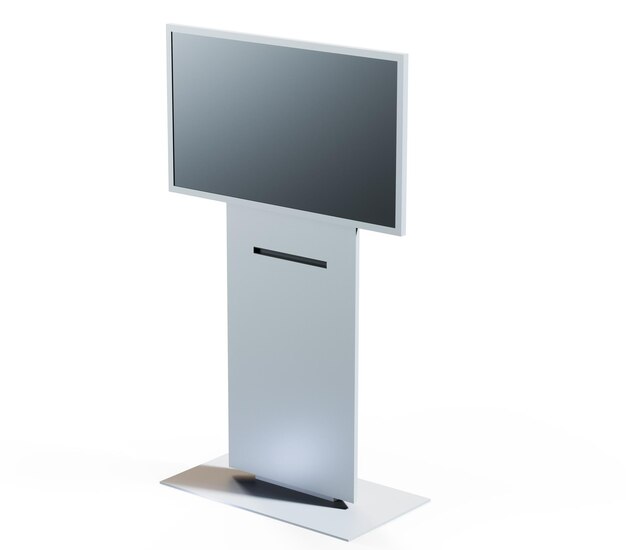 Terminal de información interactiva plateada metálica Vista frontal de un soporte de quiosco de pantalla táctil Representación 3D de una consola con una pantalla vacía en blanco aislada en un fondo blanco