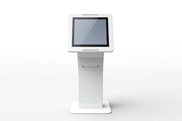Una terminal moderna con un diseño elegante equipada con tecnología avanzada y una pantalla de visualización que muestra varias informaciones para transacciones bancarias
