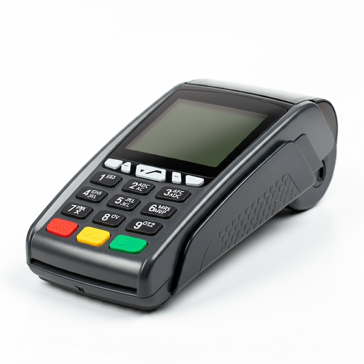 Una terminal de pago electrónico negra con un teclado y una pantalla