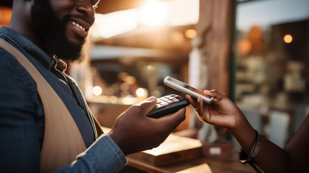 una terminal de pago mientras un cliente satisfecho está pagando con un teléfono inteligente