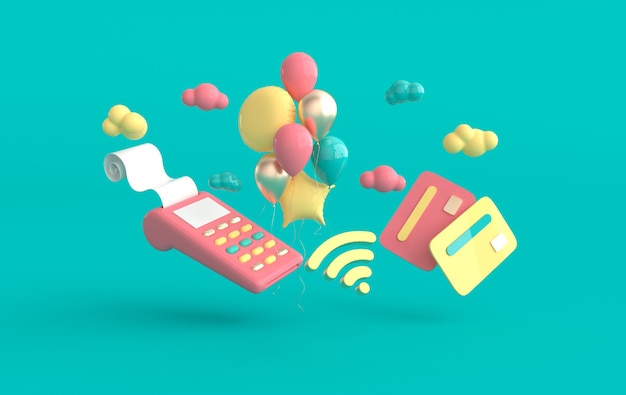 Terminal POS tarjeta de crédito globos símbolo wifi nubes render