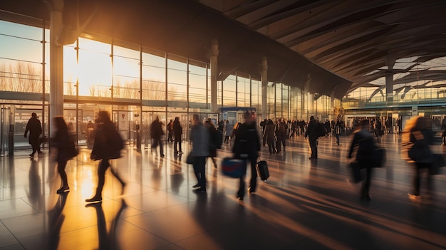 terminal de salida al atardecer multitud de personas movimiento borroso exposición larga