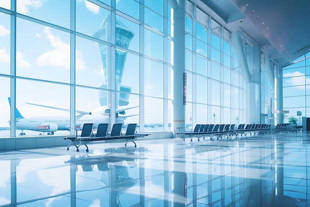 Foto terminal de vidrio del aeropuerto con avión en el fondo