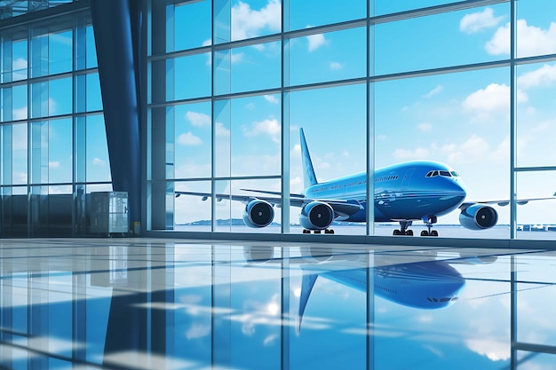 Terminal de vidrio del aeropuerto con avión en el fondo