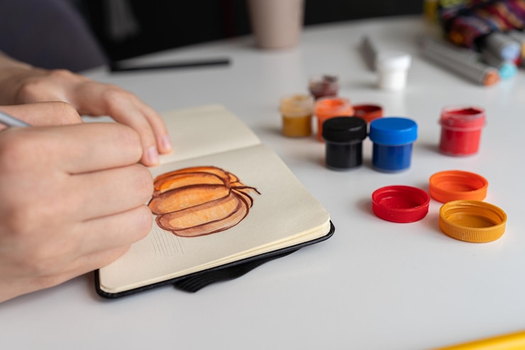 Foto terminando una pintura de calabaza con gouache en un cuaderno de bocetos