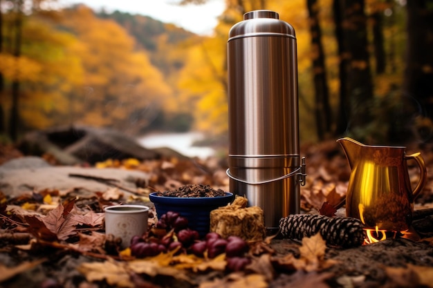 Un termo para café junto a una fogata con hojas doradas al fondo