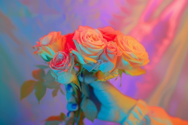 Foto termografía de un hermoso ramo de rosas multicolores en las manos de una chica