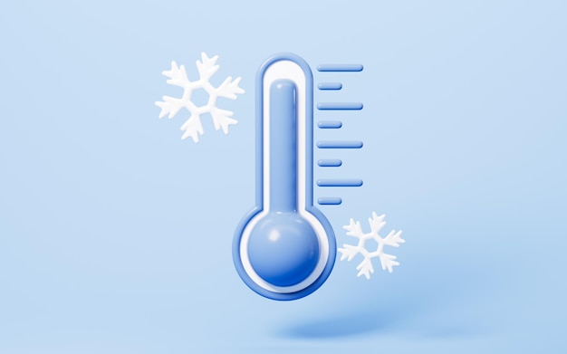 Termómetro de dibujos animados y copo de nieve caída de la temperatura de invierno renderización 3D