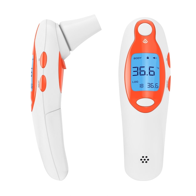 Foto termómetro digital infrarrojo de oído médico sobre un fondo blanco. representación 3d.
