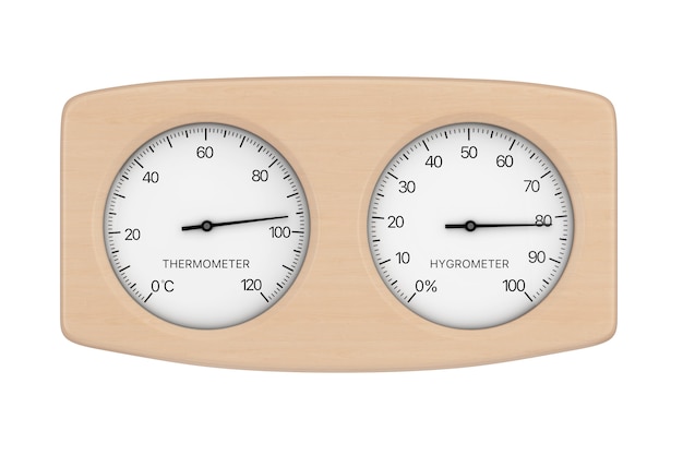 Termómetro e higrómetro de madera para sauna sobre un fondo blanco. Representación 3D