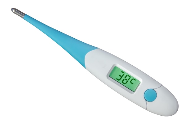 Termómetro inteligente digital aislado que lee una fiebre de 38 grados durante la pandemia del coronavirus