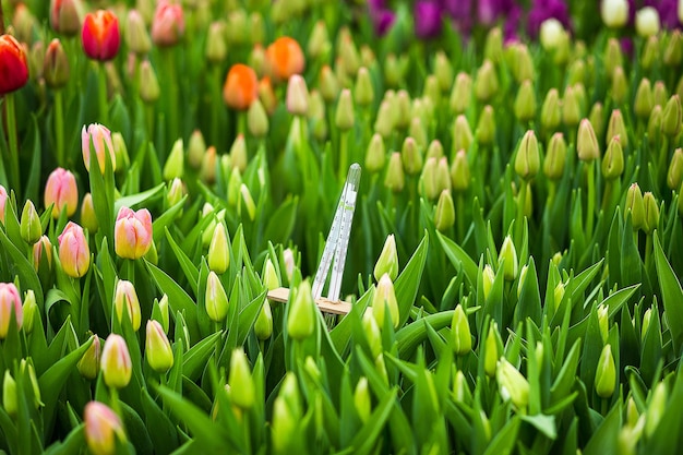 Termómetro en el invernaderomucho de hermosos tulipanes multicolores que crecen en un campo en el jardín en el invernaderorojoamarillovioletanaranjarosatulupsPrimavera muchos tulipanesconcepto de flores