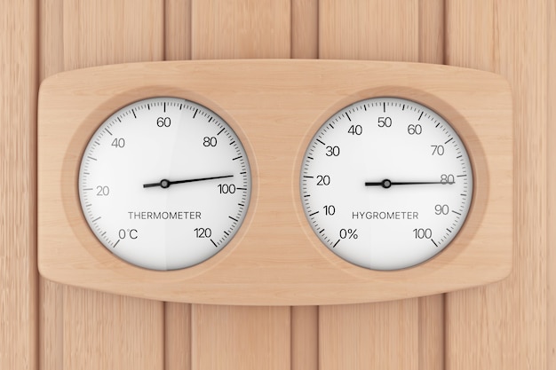 Termómetro de madera e higrómetro para sauna en una pared de sauna de tablones de madera. Representación 3D