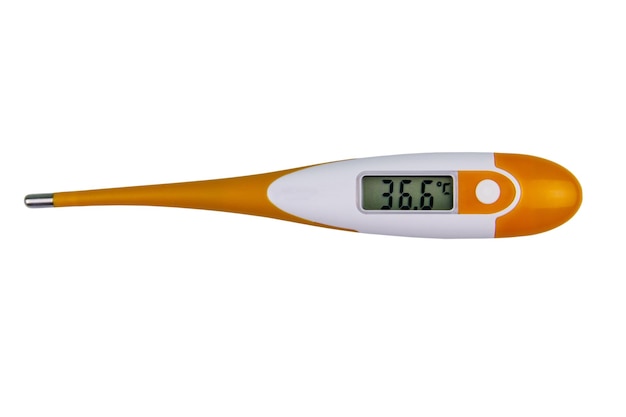 Termómetro médico digital que muestra la temperatura del cuerpo humano saludable 36,6 grados Celsius aislado sobre fondo blanco.