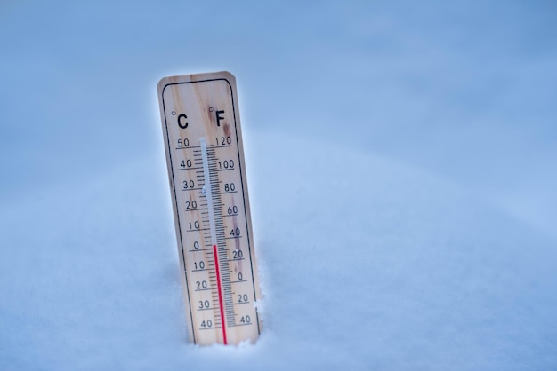 Termômetro na neve com baixas temperaturas em celsius ou fahrenheit no inverno.