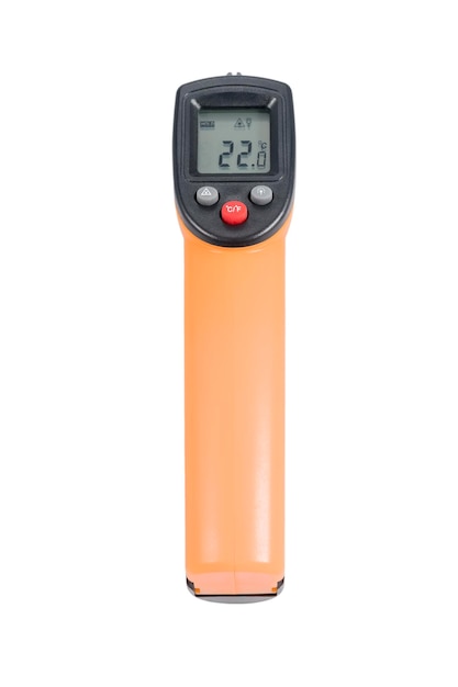 Termômetro remoto infravermelho com monitor mostrando 22 graus Celsius isolado no fundo branco