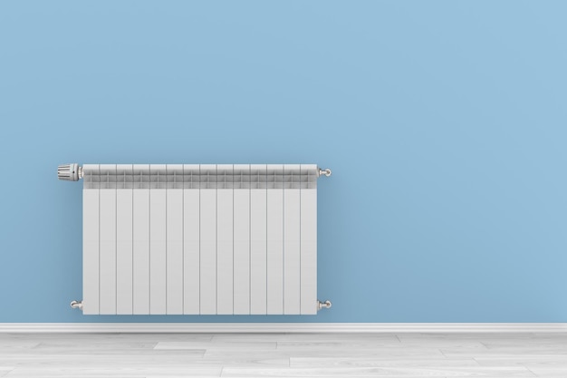 Termostato e radiador do aquecedor na ilustração 3D do quarto vazio