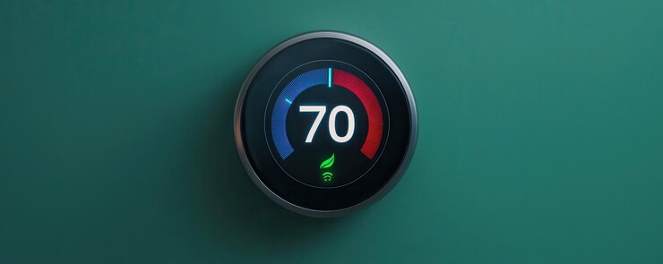 Termostato inteligente que muestra la temperatura de 70 grados Fahrenheit con un diseño elegante con indicadores azules y rojos sobre fondo verde Este dispositivo moderno mejora la comodidad y la energía del hogar