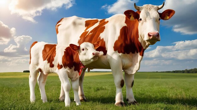 El ternero envió leche de la vaca en el campo.