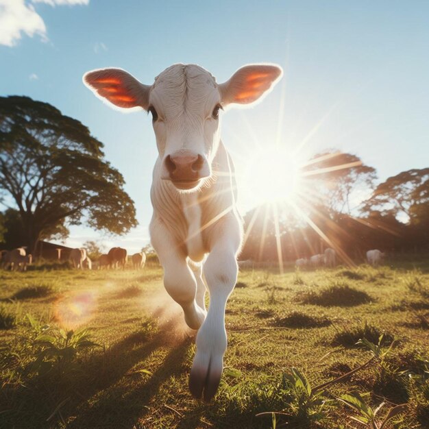 Foto el ternero lindo corriendo en el pasto de hierba el ganado de nellore