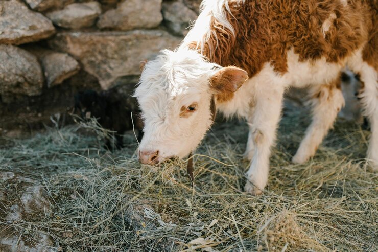 un ternero marrón y blanco está comiendo heno en una pared de piedra