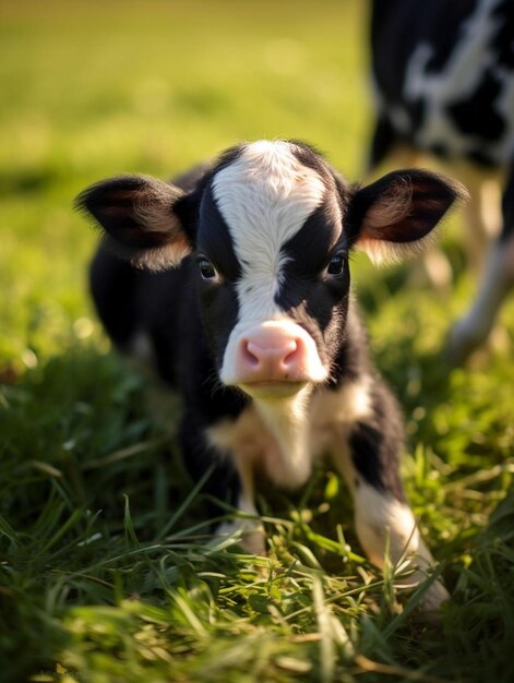 Foto un ternero está de pie en la hierba con una vaca detrás de él