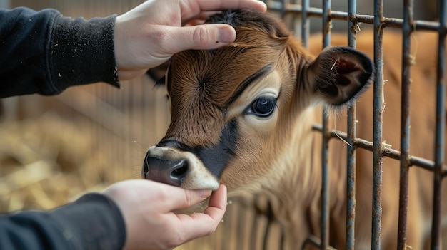 Un ternero de vaca de Jersey con la cabeza a través de una valla de metal siendo acariciado por una persona