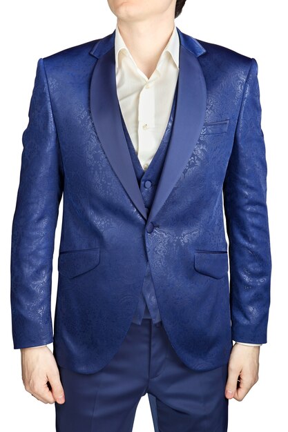 Terno de casamento masculino noivo estampado azul, isolado no fundo branco