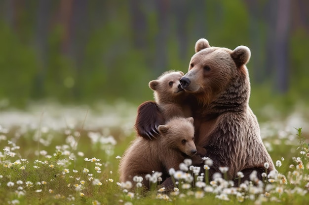 la ternura entre una madre oso y sus cachorros juguetones