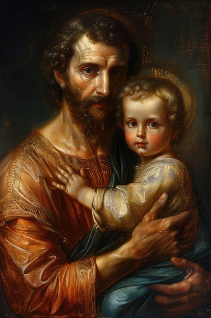 La ternura de San José una conmovedora representación del amor paterno y la guía compartida entre San José y el niño Jesucristo capturando un vínculo atemporal de fe y devoción en el arte sagrado