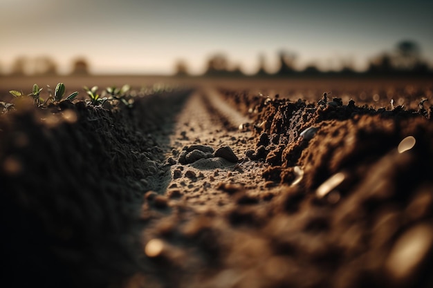 Foto terra arada de um campo agrícola pronto para plantar ou semear em canteiros de primavera campo de terra agrícola sulcos do arado fazenda