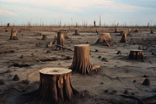 Terra árida com tocos de árvores espalhados após desmatamento