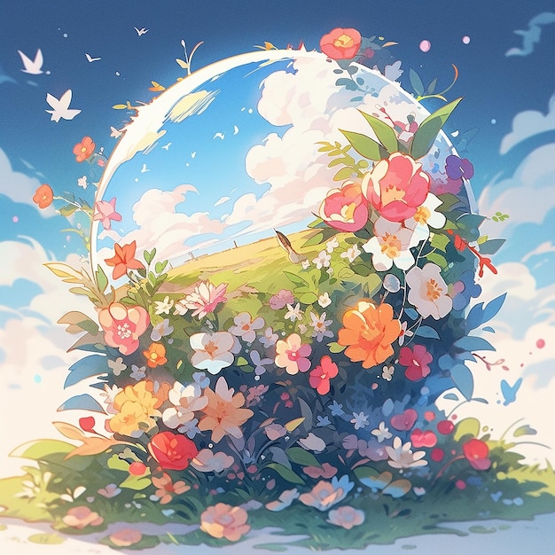 Terra coberta de flores e folhas com ilustração de céu brilhante