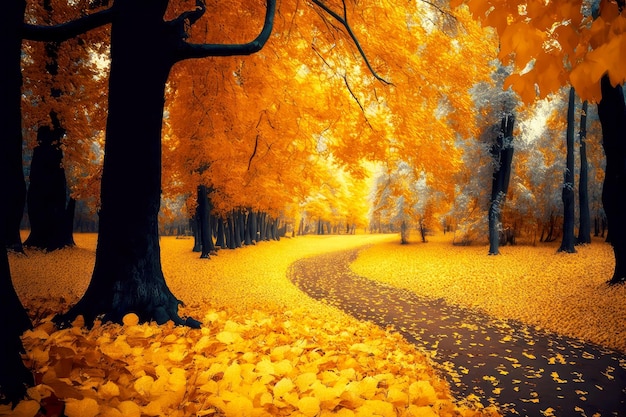 Terra coberta de folhas amarelas após a queda das folhas do outono criada com ai generativo